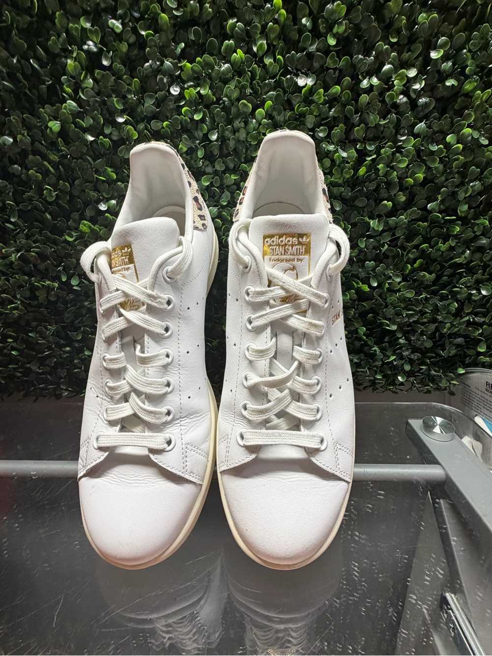 adidas White Stan Smith Sneakers with Leopard Heel Tab EUC - Picture 3 of 9